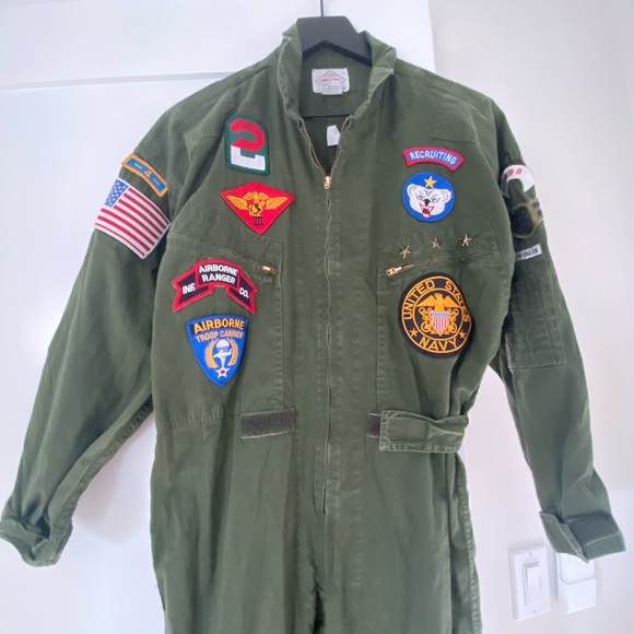 Top Gun Vintage Pilot Jumpsuit Army Green Chemin Du Fer Costume 80s S Carrie - Picture 6 of 10